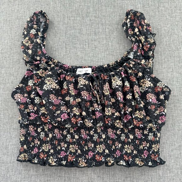 Stitch & Pine Crop Top Floral Small Black Multicolor Flowers Stretch Polyester & - Picture 1 of 12